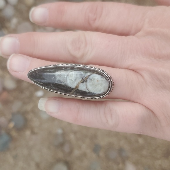 New Oversized Orthoceras Fossil Antique Design 925 Silver Statement Ring. - Picture 5 of 11